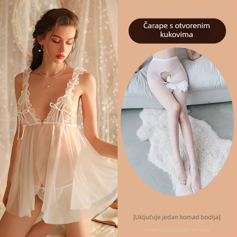 Noćna haljina od Ice Silk s čipkom, prozirna, 80-90% poliester, sladak ženski stil