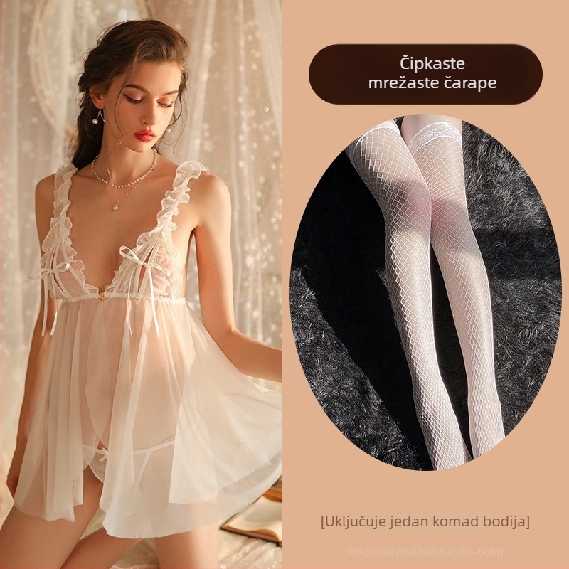 Noćna haljina od Ice Silk s čipkom, prozirna, 80-90% poliester, sladak ženski stil