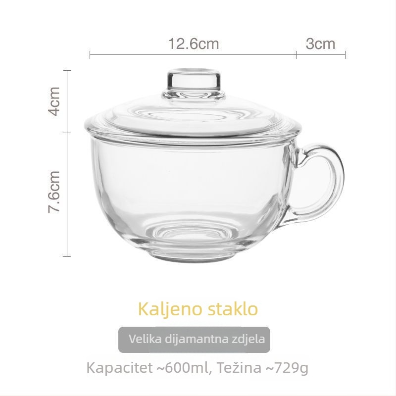Staklena zdjela za doručak s poklopcem i ručkom za žlicu – pogodna za jogurt, zobene pahuljice i mlijeko; otporna na visoke temperature, višeslojna konstrukcija