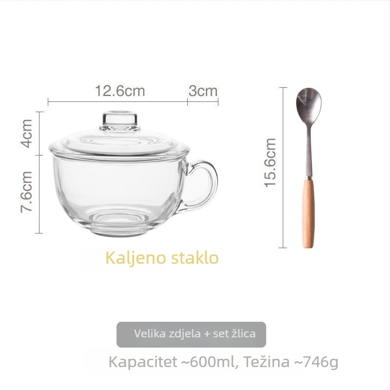 Staklena zdjela za doručak s poklopcem i ručkom za žlicu – pogodna za jogurt, zobene pahuljice i mlijeko; otporna na visoke temperature, višeslojna konstrukcija