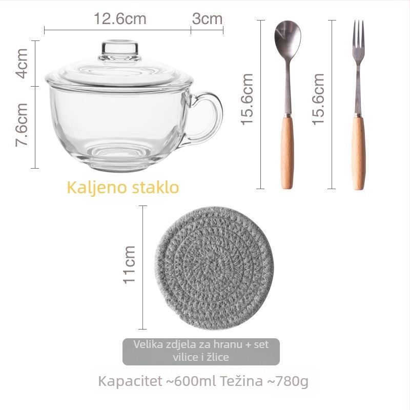 Staklena zdjela za doručak s poklopcem i ručkom za žlicu – pogodna za jogurt, zobene pahuljice i mlijeko; otporna na visoke temperature, višeslojna konstrukcija
