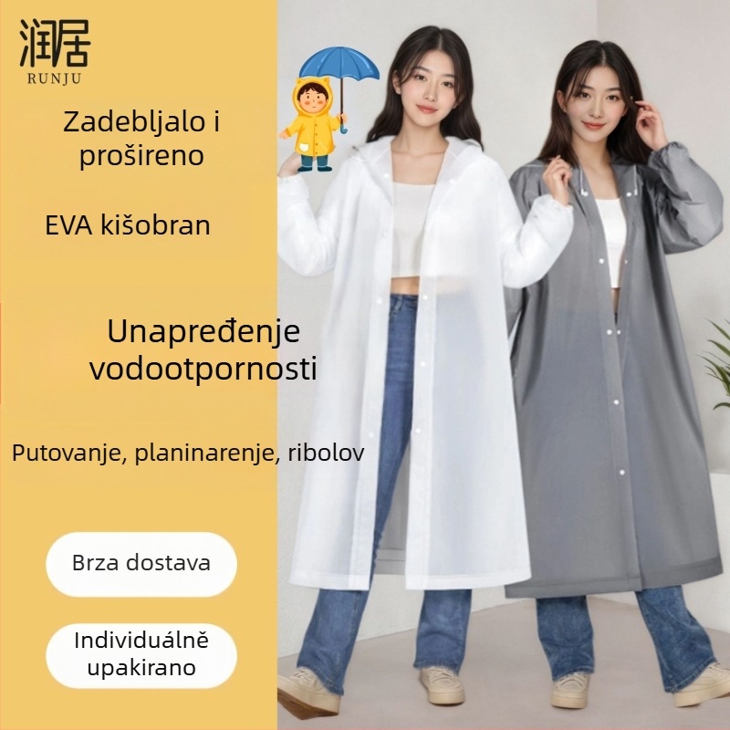 Jednokratni kišni pončo za odrasle, EVA tkanina 18S, debeli sloj, 150 g, prenosno, mogućnost logotipa