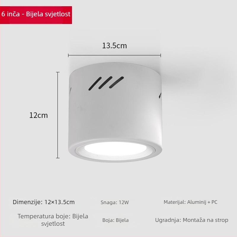 LED cilindrični downlight, okrugli, površinska montaža, 6000K, 220V, aluminijsko kućište, 10.000 h, trgovinsko osvjetljenje