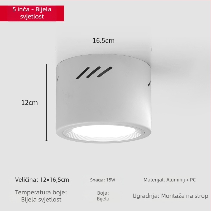 LED cilindrični downlight, okrugli, površinska montaža, 6000K, 220V, aluminijsko kućište, 10.000 h, trgovinsko osvjetljenje