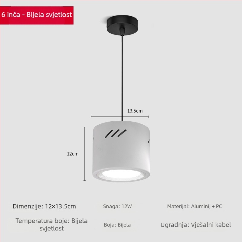 LED cilindrični downlight, okrugli, površinska montaža, 6000K, 220V, aluminijsko kućište, 10.000 h, trgovinsko osvjetljenje