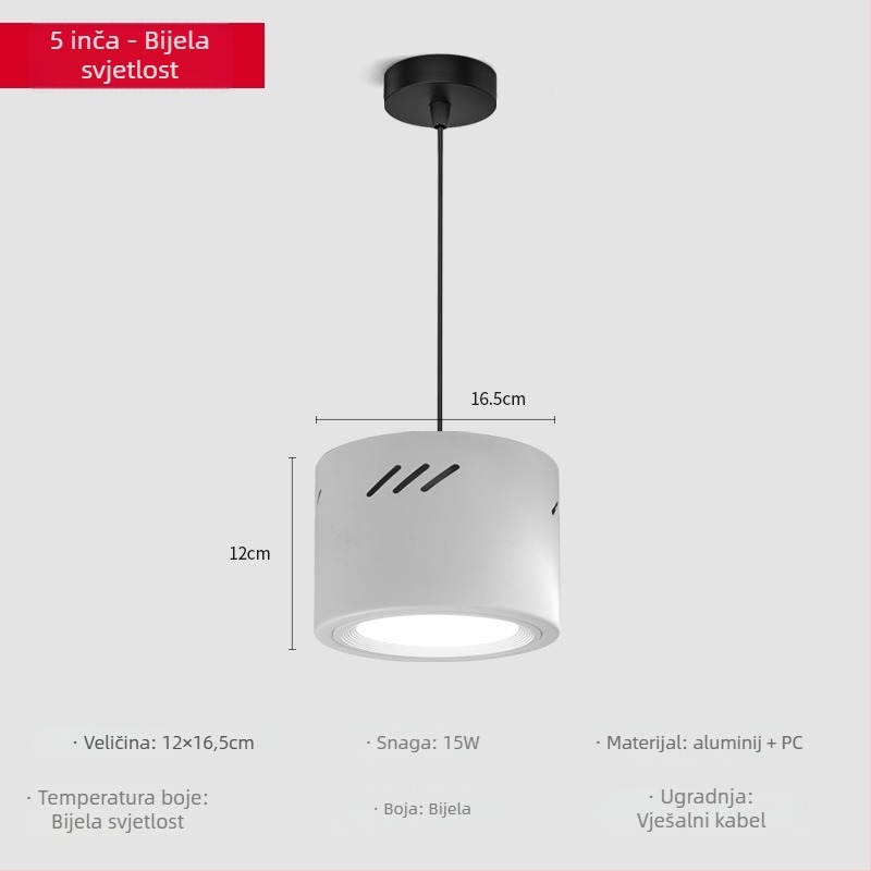 LED cilindrični downlight, okrugli, površinska montaža, 6000K, 220V, aluminijsko kućište, 10.000 h, trgovinsko osvjetljenje