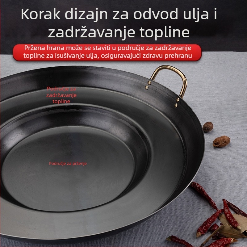 Wok od lijevanog željeza, otporan na hrđu, dubina 8 cm, dno s jednim dnom, kompatibilan s plinskim štednjakom