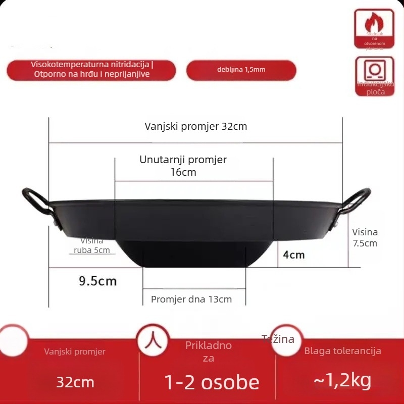 Wok od lijevanog željeza, otporan na hrđu, dubina 8 cm, dno s jednim dnom, kompatibilan s plinskim štednjakom
