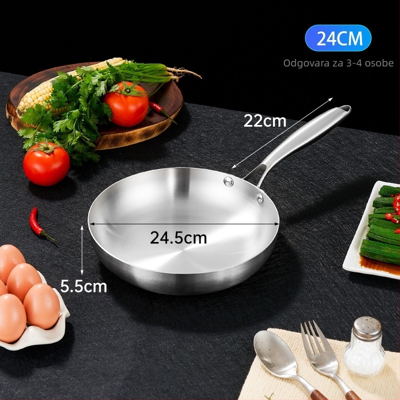 Tiganj za prženje od 304 nehrđajućeg čelika, trostruko dno, kompatibilan s indukcijskom pločom i plinskim plamenikom, bez premaza, težina 993 g
