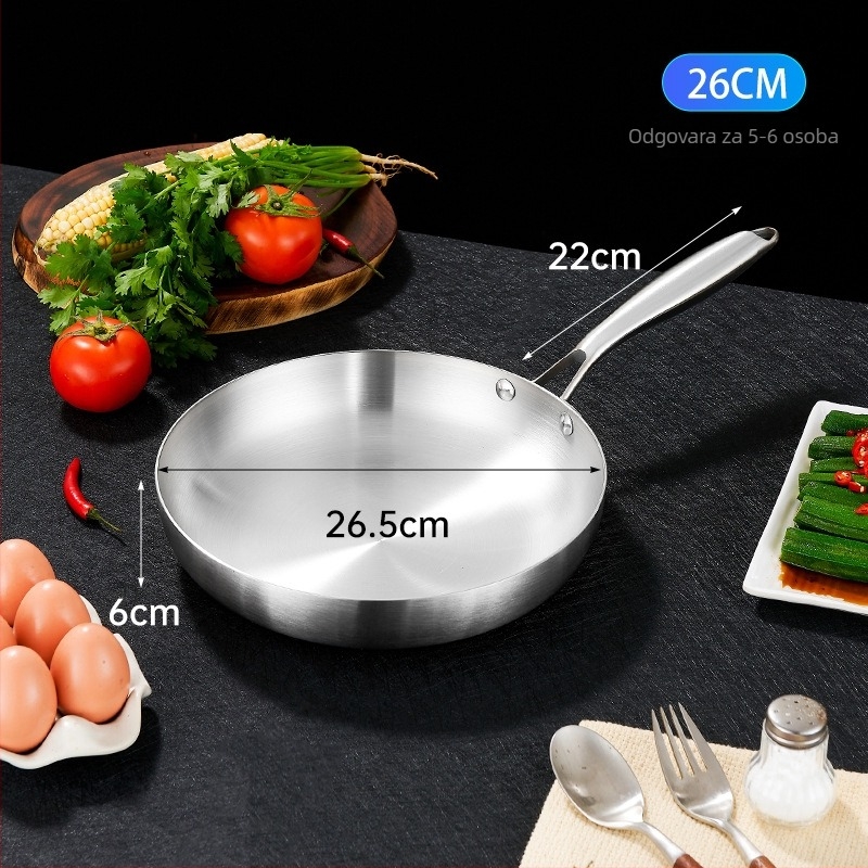 Tiganj za prženje od 304 nehrđajućeg čelika, trostruko dno, kompatibilan s indukcijskom pločom i plinskim plamenikom, bez premaza, težina 993 g