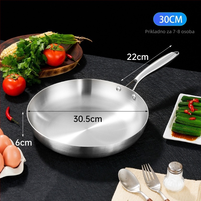 Tiganj za prženje od 304 nehrđajućeg čelika, trostruko dno, kompatibilan s indukcijskom pločom i plinskim plamenikom, bez premaza, težina 993 g