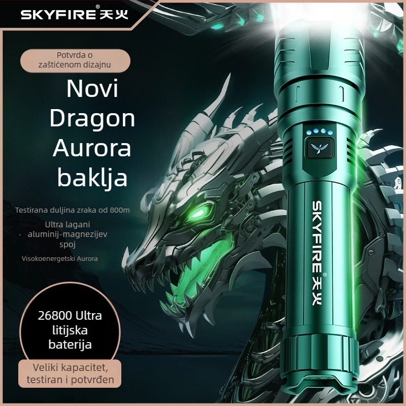 Skyfire svjetiljka s laserom za vanjsku upotrebu, domet 500 m+, baterija 4000 mAh, 16 W, aluminijska legura, ručno punjenje, 360° rotacija