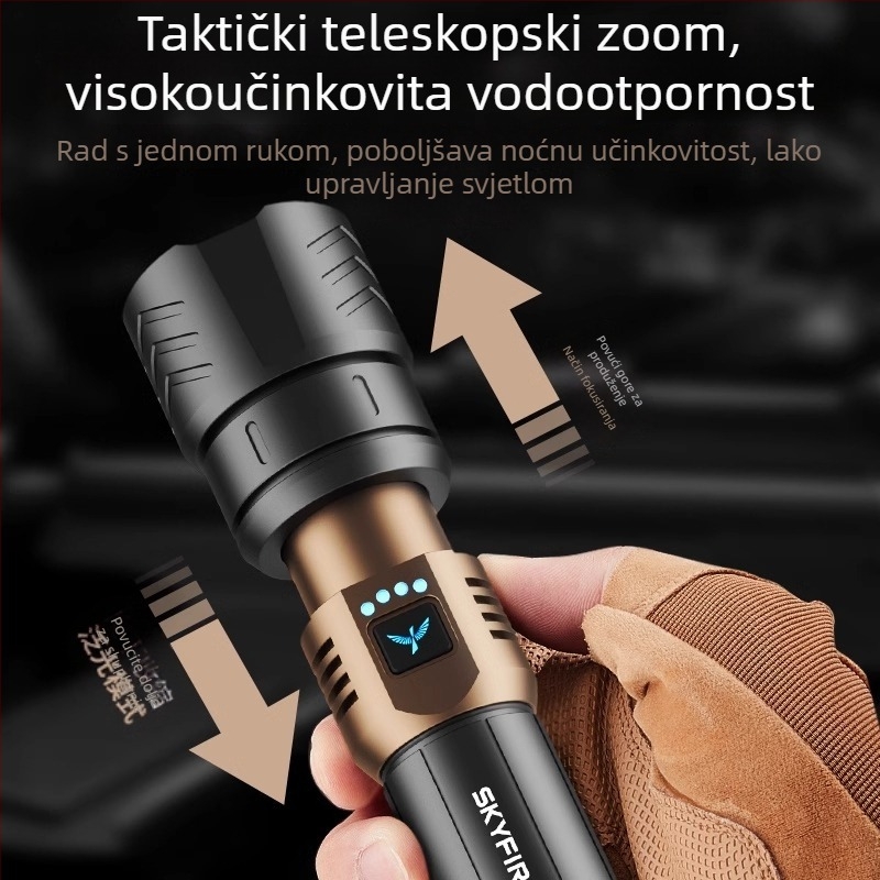 Skyfire svjetiljka s laserom za vanjsku upotrebu, domet 500 m+, baterija 4000 mAh, 16 W, aluminijska legura, ručno punjenje, 360° rotacija