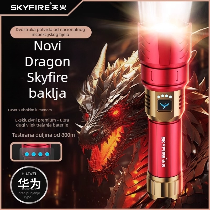 Skyfire svjetiljka s laserom za vanjsku upotrebu, domet 500 m+, baterija 4000 mAh, 16 W, aluminijska legura, ručno punjenje, 360° rotacija