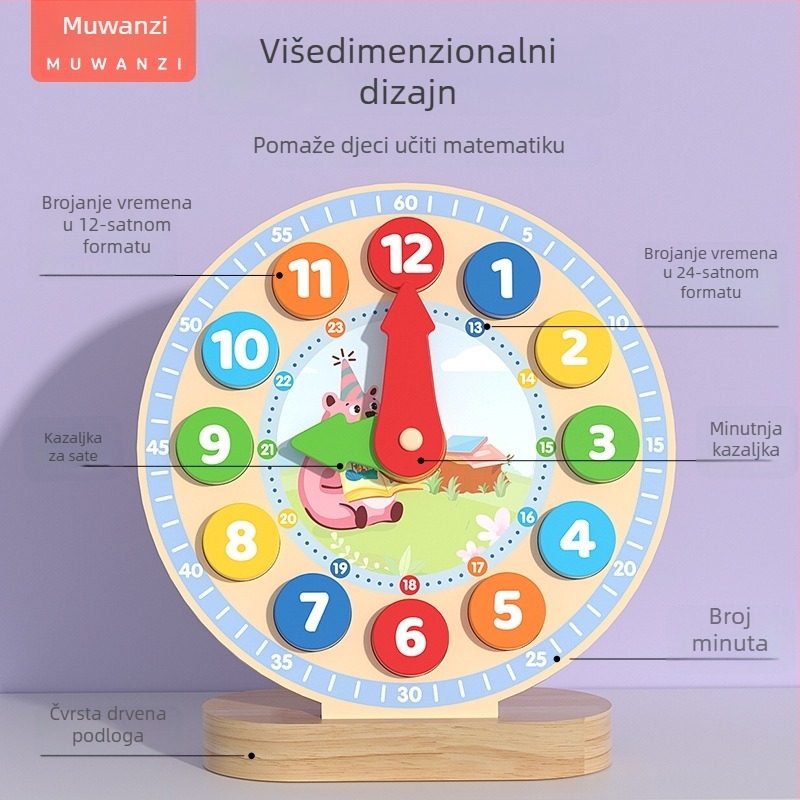 Drvena edukativna satna igračka za djecu 4–6 godina — potiče praktično učenje i kognitivni razvoj; pakirano u šarenu kutiju