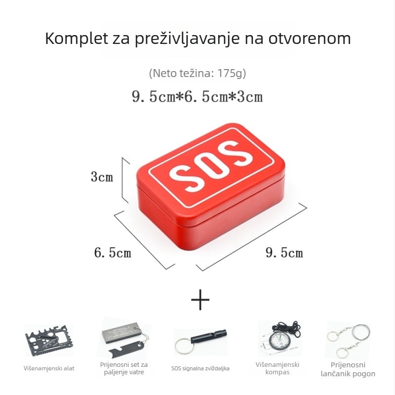 Crooked Wild SOS kutija za preživljavanje: kit preživljavanja s kompasom, zviždaljkom, žičanom pilom i opremom za prvu pomoć