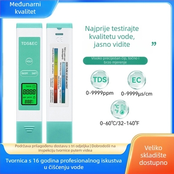 Prijenosni TDS/EC tester za vodu — visoka preciznost, raspon 0–9990 ppm, točnost ±1, rezolucija 1 ppm, napajanje 3V
