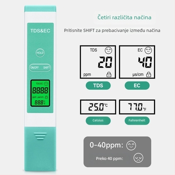 Prijenosni TDS/EC tester za vodu — visoka preciznost, raspon 0–9990 ppm, točnost ±1, rezolucija 1 ppm, napajanje 3V