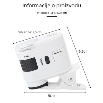 Mini optički mikroskop za biološka promatranja s klipsom, ABS tijelo + PMMA leće, 100x povećanje