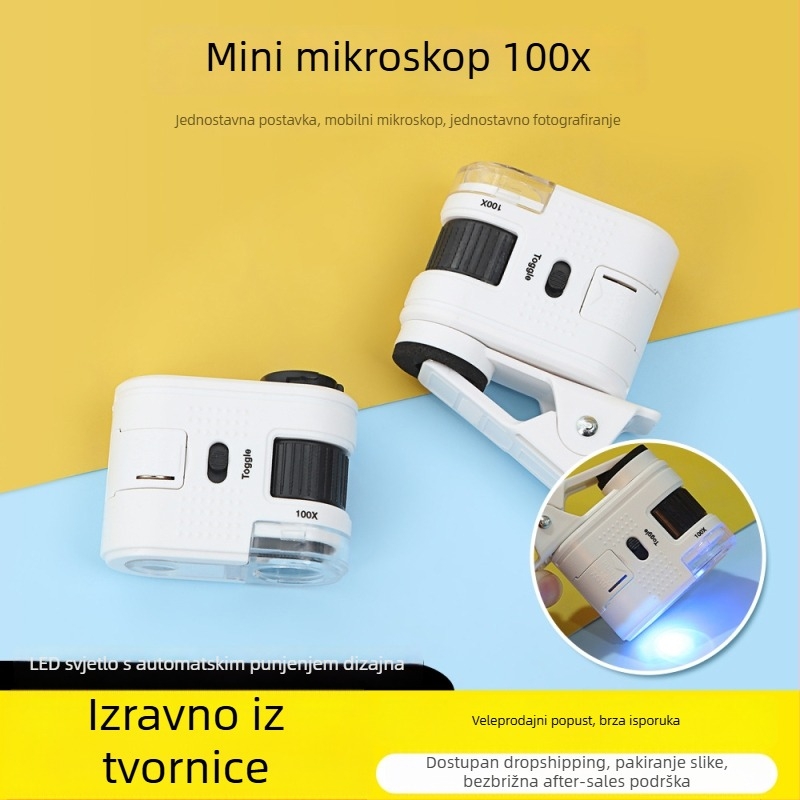 Mini optički mikroskop za biološka promatranja s klipsom, ABS tijelo + PMMA leće, 100x povećanje