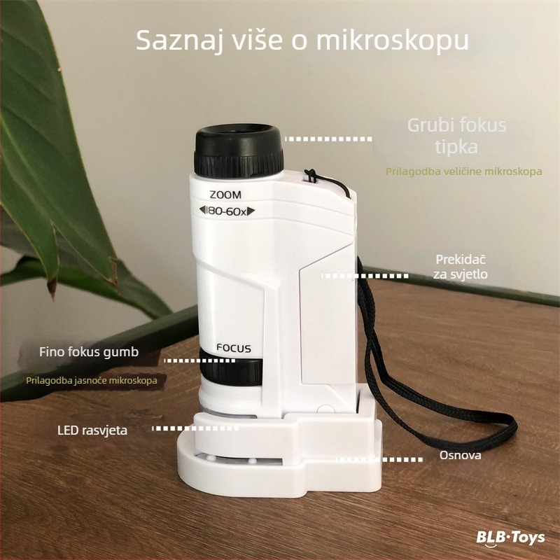 Dječji prijenosni mikroskop – Biološko/kemijska edukativna igračka, Električni, Višenamjenski, Uključuje bateriju i postolje, Za uzrast 7–14 godina