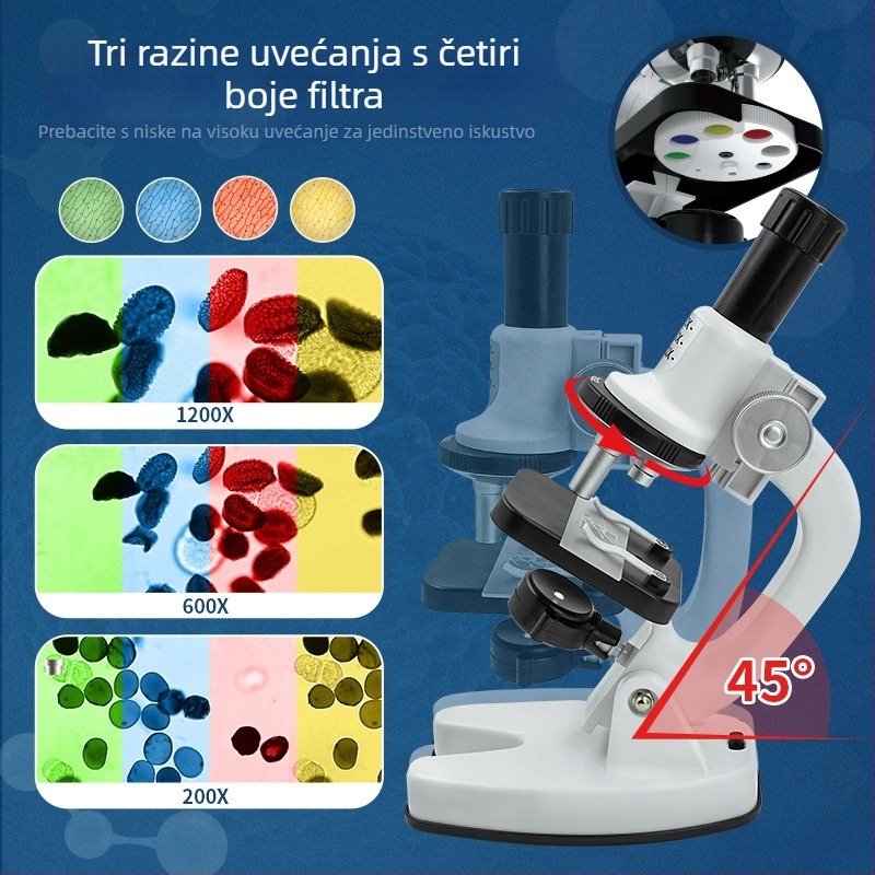 Dječji mikroskop 1200X – edukativni biološki znanstveni set, električno napajan, DIY prilagođen, za djecu 7–14 godina