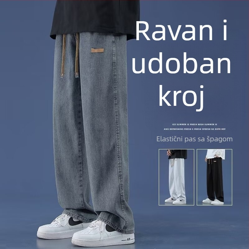 Muške traperice – jesen, opuštene široke ravne nogavice, srednje visine struka, zip zatvarač, 95% poliester