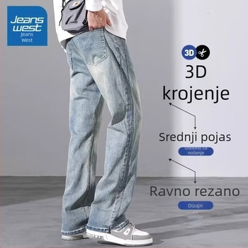 Muške ravne traperice, srednji pojas, mladenački casual stil, ukrasne džepove, Modal materijal