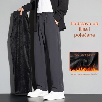 Muške poslovne casual hlače s ravnim krojem, podstavljene flisom, zima, srednji pojas, zatvaranje na gumbe, 95% poliester, 5% spandeks