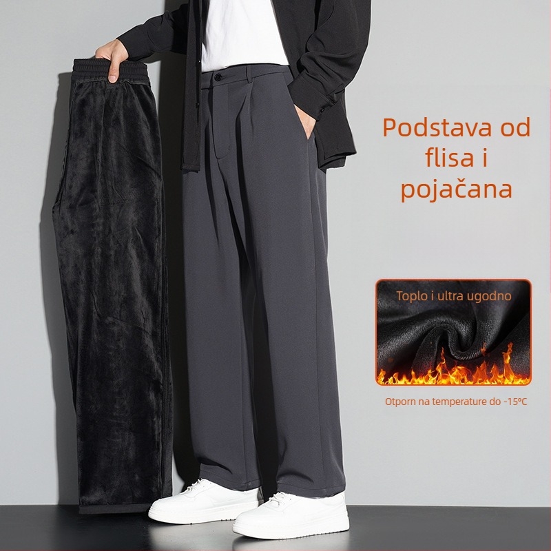 Muške poslovne casual hlače s ravnim krojem, podstavljene flisom, zima, srednji pojas, zatvaranje na gumbe, 95% poliester, 5% spandeks