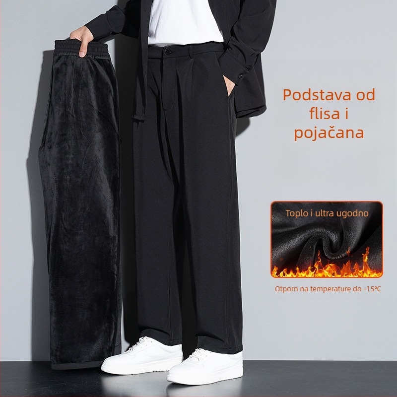 Muške poslovne casual hlače s ravnim krojem, podstavljene flisom, zima, srednji pojas, zatvaranje na gumbe, 95% poliester, 5% spandeks