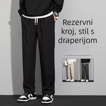 Koreanski stil muške casual duge hlače, ravni kroj, srednji struk, šnira u struku, 95% poliester, bez nabora