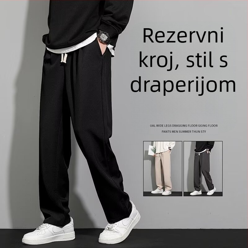 Koreanski stil muške casual duge hlače, ravni kroj, srednji struk, šnira u struku, 95% poliester, bez nabora