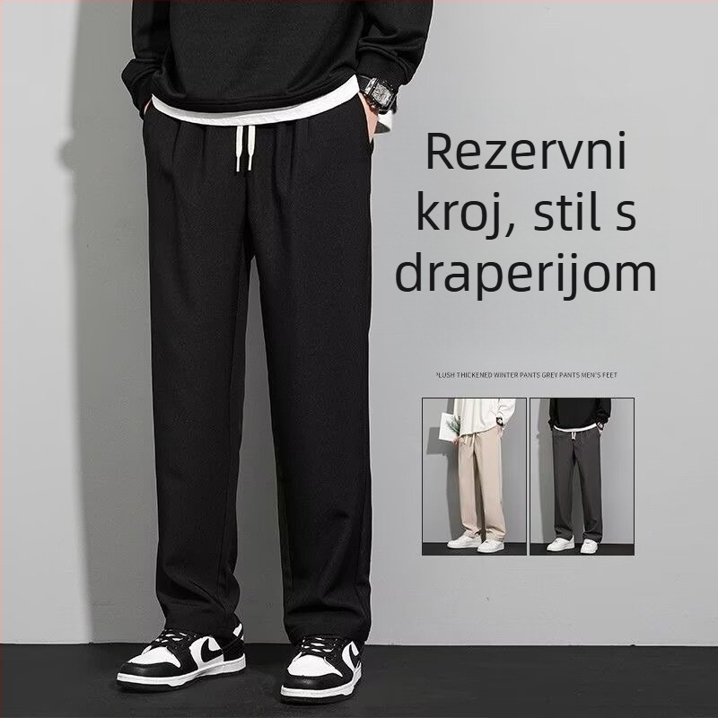 Koreanski stil muške casual duge hlače, ravni kroj, srednji struk, šnira u struku, 95% poliester, bez nabora