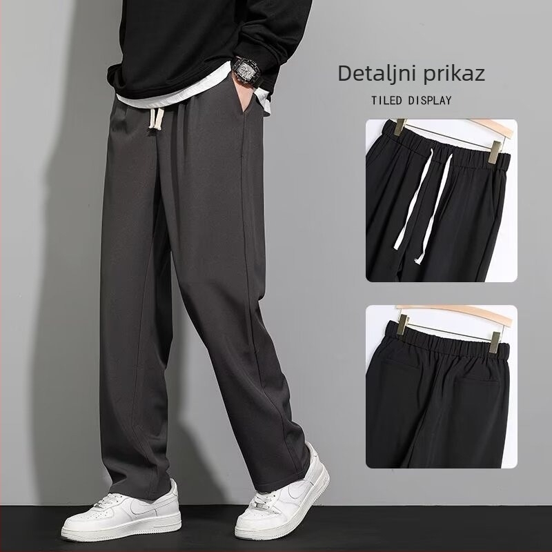 Koreanski stil muške casual duge hlače, ravni kroj, srednji struk, šnira u struku, 95% poliester, bez nabora