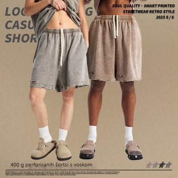 EXISTANCE Muške kratke hlače od pamuka s batikom i prorezima - slobodan kroj, gradski stil, ljeto 2025