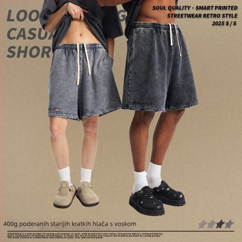 EXISTANCE Muške kratke hlače od pamuka s batikom i prorezima - slobodan kroj, gradski stil, ljeto 2025