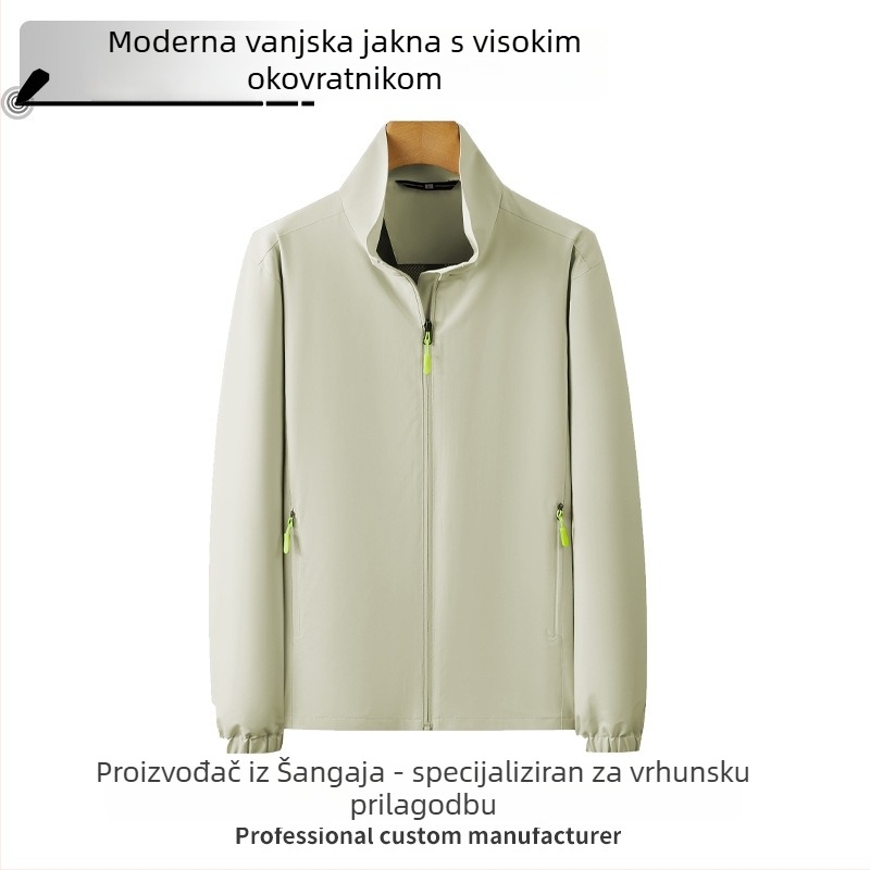 Muška lagana vjetrovka s stojećim ovratnikom i zatvaračem, kratkim rukavima, poliester, prozračna i brzo se suši