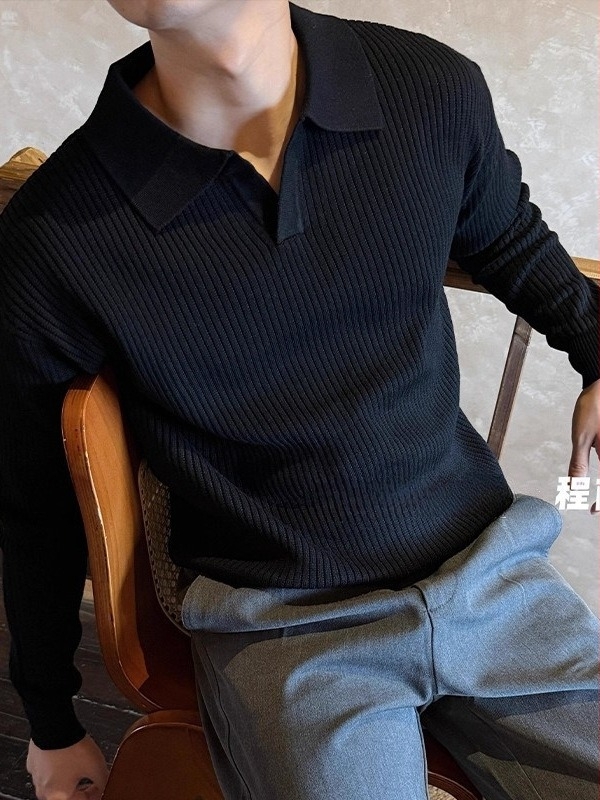 Muška pleteni polo majica s dugim rukavima, preklopni ovratnik, 100% poliester, casualno nošenje.