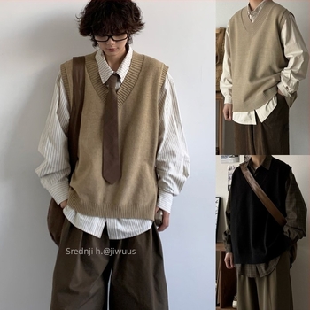 Muški pleteni vest s V-izrezom bez rukava, dizajn color-block, udoban slobodan kroj, zimska odjeća