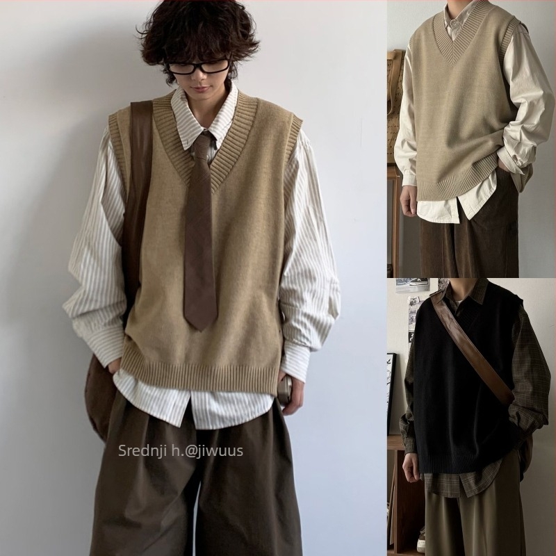 Muški pleteni vest s V-izrezom bez rukava, dizajn color-block, udoban slobodan kroj, zimska odjeća