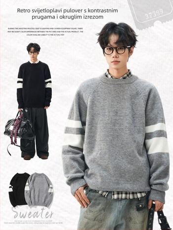 Muški pleteni gornji dio, opuštenog kroja, prugasti, okrugli izrez, akrilna smjesa (44,8% akril, 32,6% poliester, 22,6% najlon)