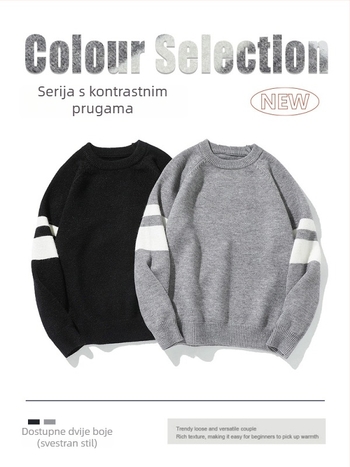 Muški pleteni gornji dio, opuštenog kroja, prugasti, okrugli izrez, akrilna smjesa (44,8% akril, 32,6% poliester, 22,6% najlon)