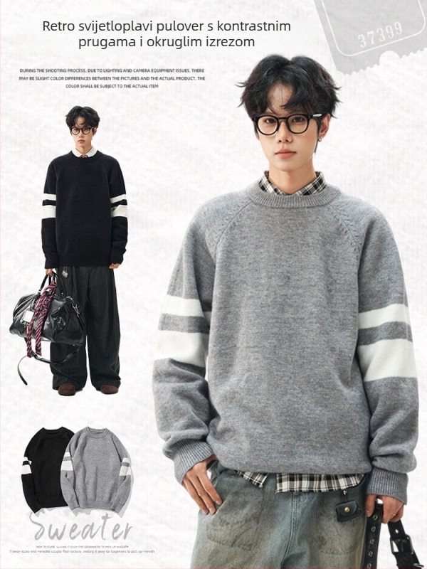 Muški pleteni gornji dio, opuštenog kroja, prugasti, okrugli izrez, akrilna smjesa (44,8% akril, 32,6% poliester, 22,6% najlon)