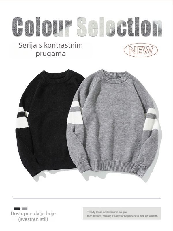 Muški pleteni gornji dio, opuštenog kroja, prugasti, okrugli izrez, akrilna smjesa (44,8% akril, 32,6% poliester, 22,6% najlon)