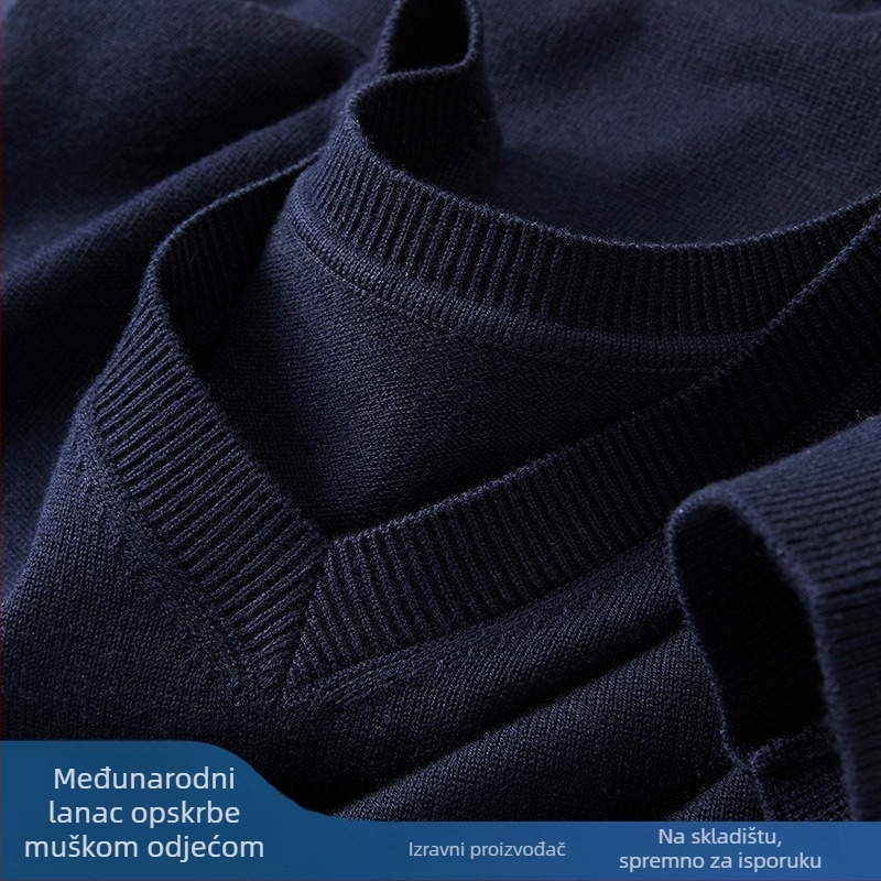 Muški vuneni pulover s V-izrezom, dugi rukav, flis podstava, 30–35% vuna, gusta pletenina