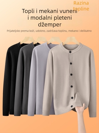 Muški pleteni kardigan od merino vune i Modal vlakna, slobodan kroj, okrugli ovratnik, dugi rukavi