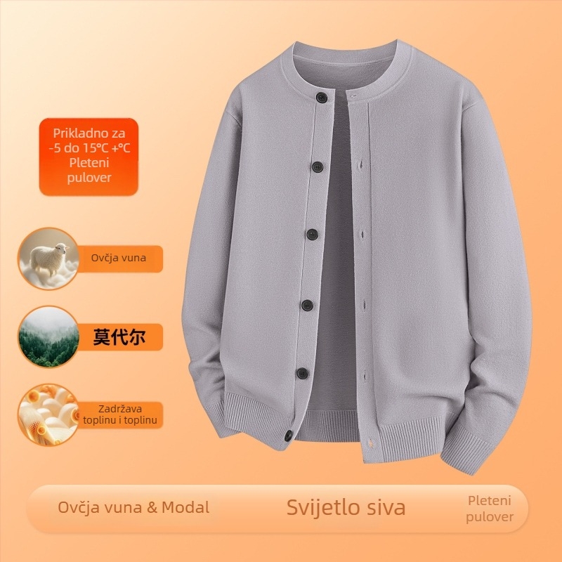 Muški pleteni kardigan od merino vune i Modal vlakna, slobodan kroj, okrugli ovratnik, dugi rukavi