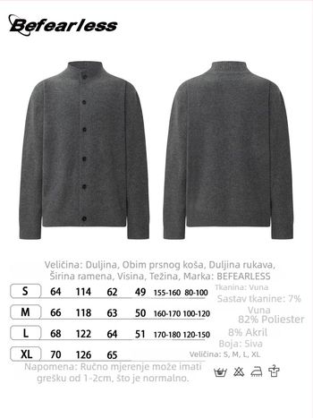 Kardigan od vune u smjesi, korejskog stila, slobodan kroj, okrugli ovratnik, dugi rukavi, 36–40% vuna + poliester.