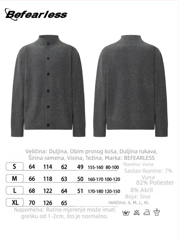 Kardigan od vune u smjesi, korejskog stila, slobodan kroj, okrugli ovratnik, dugi rukavi, 36–40% vuna + poliester.